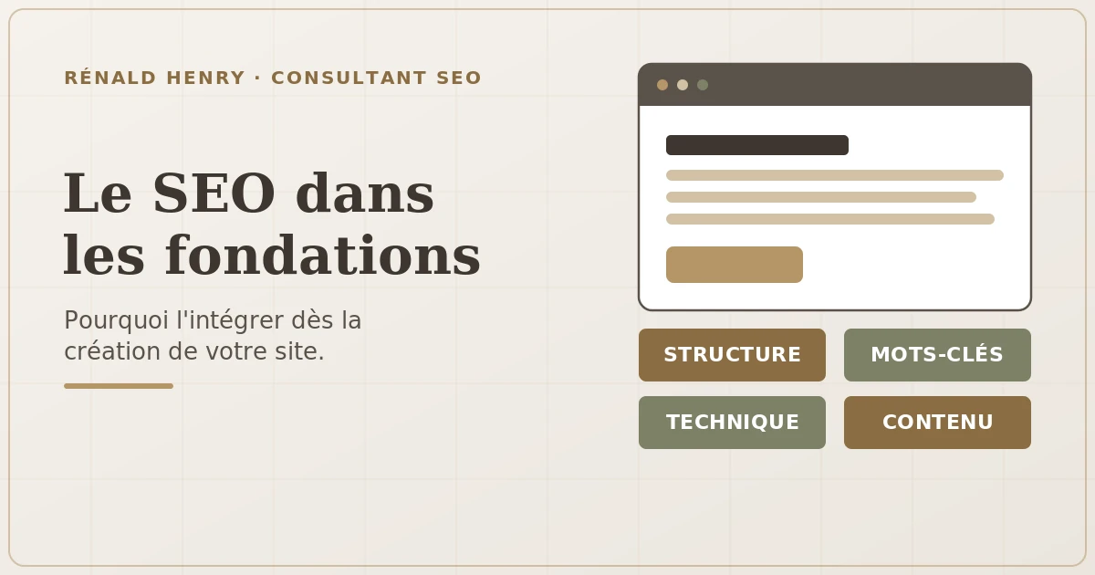 Schéma d'un site web reposant sur des fondations SEO : structure, mots-clés, technique et contenu