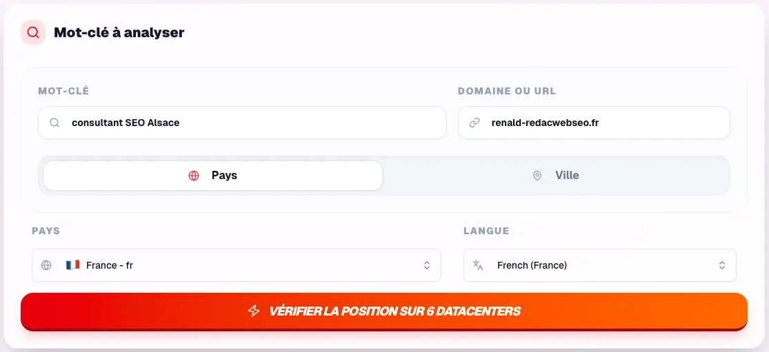 Interface de SEO Hero Ninja montrantpour vérifier les positions sur plusieurs datacenters Google